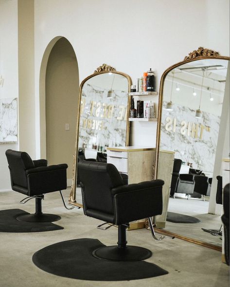 AltaR’d Salon | #myminerva Black Salon Chairs Interior Design, Gold Mirror Salon Station, Black Salon Chairs, Two Chair Salon Suite, Full Length Mirror Salon Station, Salon Suite Decor Black And Gold, Salon Suite Grand Opening Ideas, Black Hair Salon Decor, Blow Dry Bar Ideas Salons