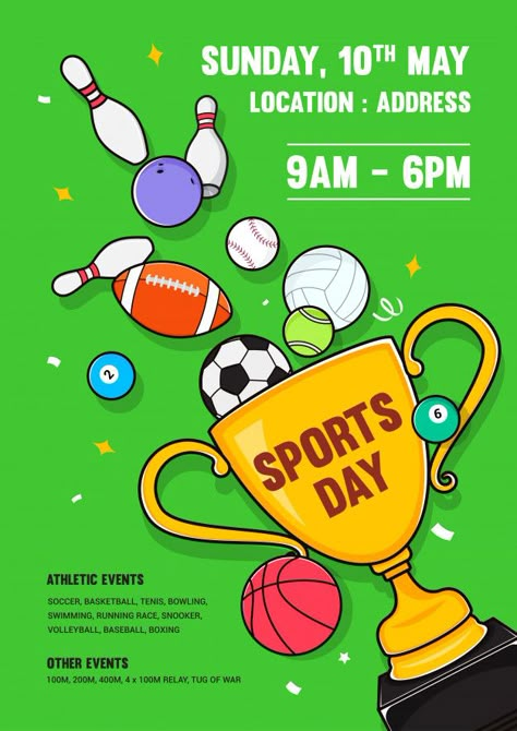 Sports day poster invitation design Prem... | Premium Vector #Freepik #vector #poster #invitation #design #cartoon Sports Day Invitation Card Design, Sports Day Invitation Card School, Sports Day Card Ideas, Sports Invitation Card Design, National Sports Day Drawing, Sports Day Poster School, Sport Day Decoration Ideas, Sports Day Poster Design, Sports Day Flyer