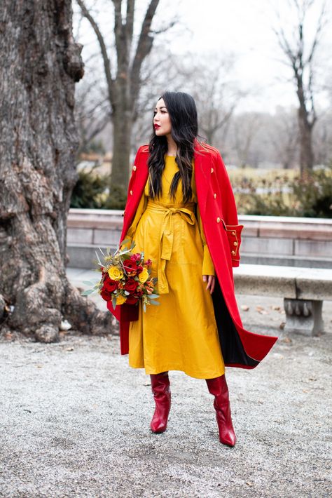 That pop of yellow invites sunshine and spring awakening. One of my favorite pairings with yellow is red. The colors of sunset, this combination is striking, warm, and joyful. Wendy's Lookbook, Chunky Jumper, Yellow Outfit, Red Boots, Red Coat, Coat Outfits, Puff Sleeve Top, Colourful Outfits, Spring Colors