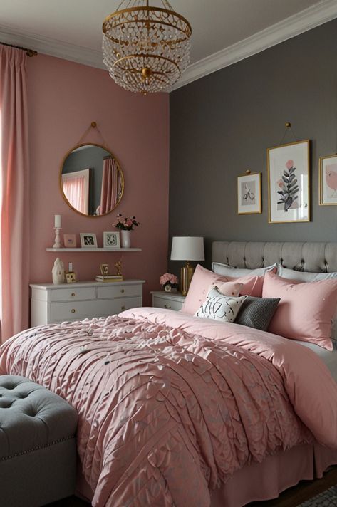 Pink Themed Bedroom Ideas, Pink White And Grey Bedroom Ideas, Pink White And Black Bedroom, Pink And Gray Bedroom Ideas, Gray And Pink Bedroom, Pink And Gray Bedroom, Pink Dorm, Pink Bedroom Ideas, Luxury Room Bedroom