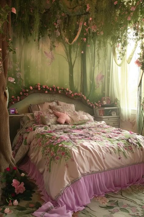 25 Magical Fairy Bedroom Ideas for a Touch of Whimsy - Roomy Retreat Fairy Bedroom Wallpaper, Floral Bedroom Aesthetic Vintage, Magical Bedroom Ideas For Adults, Fairytale Bedroom Ideas For Adults, Flower Bedroom Aesthetic, Ethereal Bedroom Aesthetic, Fairy Bedroom Ideas For Adults, Fairy Bedroom Ideas For Kids, Fairy Forest Bedroom