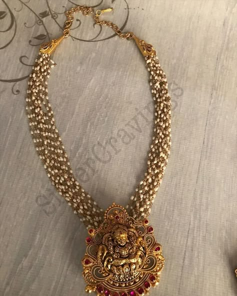 Pearl Bunch Necklace With Lakshmi Pendant ~ South India Jewels Lakshmi Pendant Gold With Pearls, Pearls Pendant Designs, Pearl Necklace With Gold Pendant, Gold Lakshmi Pendant Designs, Pearl With Gold Necklace, Lakshmi Pendant Gold, Pendent Designs Gold, Pearl Chain With Pendant, Lakshmi Jewellery