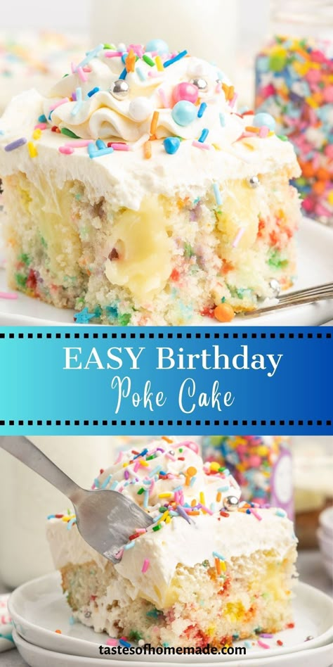 Funfetti birthday poke cake is quick and easy. It is a light vanilla cake filled with candy sprinkles, and finished with fluffy cream. Kept simple by using a boxed cake mix and vanilla pudding and fun colourful funfetti candy sprinkles. Serving 12-16 people it is delicious with a scoop of ice cream or drizzled with chocolate sauce. Get creative and use different flavour cakes and pudding for more fun flavour combinations. It is great with lemon, chocolate, or any other flavor you can think of. Birthday Poke Cake, Light Vanilla Cake, Funfetti Cake Mix Recipes, Funfetti Birthday, Boxed Cake Mixes Recipes, Funfetti Cake Mix, Birthday Cake Decorating Ideas, Birthday Cake Flavors, Creamy Pudding