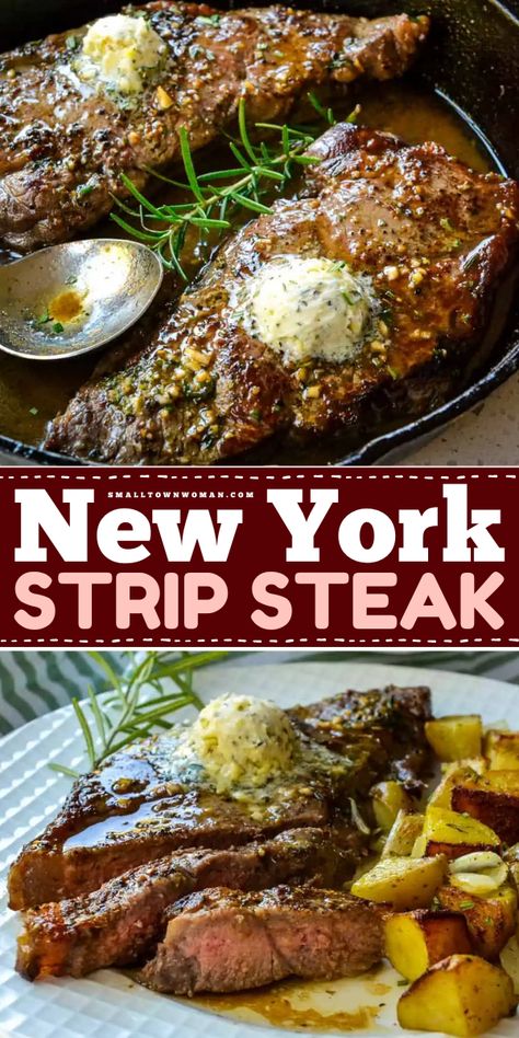 Impress family and guests with this easy dinner idea! This cast irons skillet recipe lets you have a foolproof New York Strip Steak. Seared then basted with garlic herb butter, this meat main dish is tender, juicy, and tasty! Ny Strip Steak Recipes Pan Seared, Strip Steak Recipe Oven, Strip Steak Marinade, Strip Steak Recipes, New York Strip Steak Recipes, Steak Recipes Pan, New York Steak Recipe, Ny Strip Steak Recipes, Steak Recipes Pan Seared