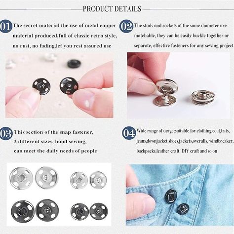 Amazon.com: Fuman Forest 100 Sets Sew-on Snap Buttons Metal Snaps Fasteners Press Studs Buttons for Sewing, 8.5 mm,10 mm & 12mm,Black & Silver, (Fuman-034) Button Sewing, Sewing Clothing, Diy Bags Purses, Sewing Lessons, Snap Fasteners, Button Crafts, Sewing A Button, Diy Style, Press Studs