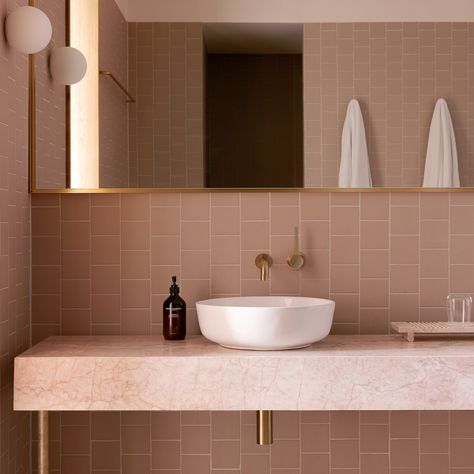 Pink Kit Kat Tiles Bathroom, Kallista Bathroom, Pink Cle Tile, Calile Hotel, Brand Refresh, Stunning Bathrooms, July 4, Bathroom Styling, Rustic Chic