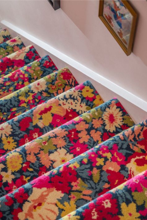 Fun Wall To Wall Carpet, Pink Carpet Stairs, Pattern Wall To Wall Carpet, Fun Carpet Ideas, Floral Stair Runner, Landing Carpet Ideas, Pattern Carpet On Stairs, Patterned Carpet On Stairs, Rug On Carpet