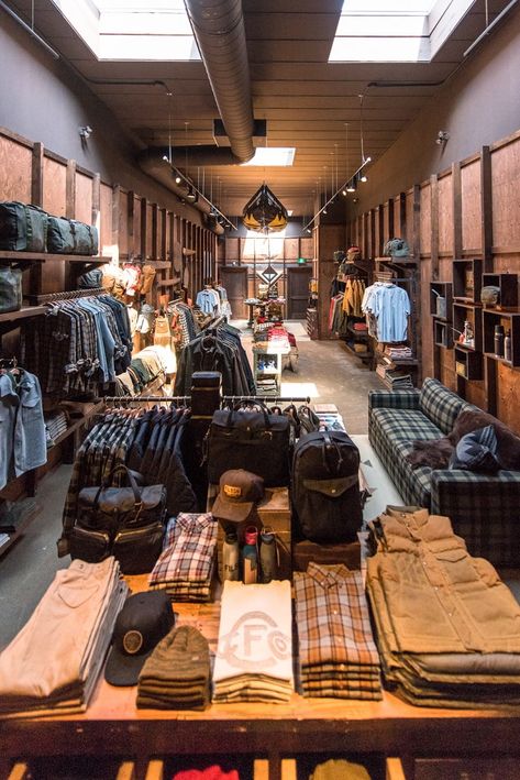 Men’s Retail Store, Apparel Store Interior, Industrial Shop Design, Clothing Shop Aesthetic, Vintage Store Ideas, Military Surplus Store, Military Shop, Shoe Store Design, Hiking Store