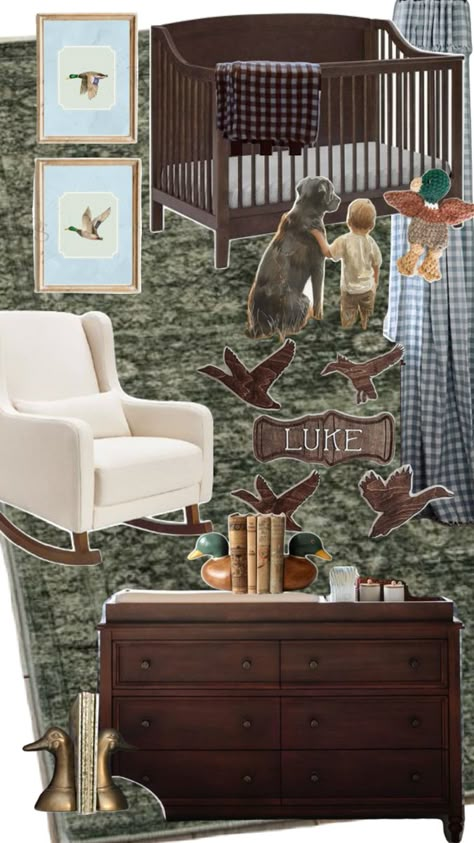 Antique Hunting Nursery, Baby Boy Nursery Vintage Duck, Duck Hunting Bedroom Ideas, Hunting Lodge Nursery, Mallard Baby Nursery, Vintage Duck Hunting Nursery, Vintage Hunting Boys Room, Baby Boy Nursery Duck Hunting, Duck Hunting Themed Nursery