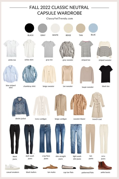 My 30-Piece FALL 2022 Neutral Capsule Wardrobe - Flatlay Denim Minimalist Style, Fall Capsule Wardrobe 2022 Minimalist, Neutral Colors Capsule Wardrobe, Coastal Fall Capsule Wardrobe, Capsule Wardrobe 2022 Amazon, Coastal Fall Wardrobe, Classic Wardrobe Shoes, Classy Yet Trendy Fall 2022, Fall Capsule Wardrobe 2022 Casual