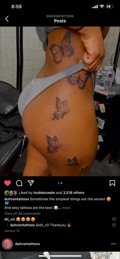 Tattoo Inspo For Mom, Trending Female Tattoos, Butterfly Body Tattoo, Side Hip Tattoos Black Women, Unique Side Thigh Tattoos, Cool Hip Tattoos For Women, Baddie Neck Tattoos Butterfly, Butterflies Going Up Side Tattoo, Cute Back Tattoos For Women Unique