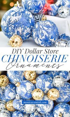 Blue And White Christmas Ornaments, Willow Decor, Diy Chinoiserie, Chinoiserie Ornaments, Blue And White Christmas, Chinoiserie Christmas, Blue Christmas Decor, White Christmas Ornaments, Blue And White Chinoiserie