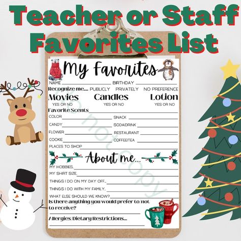 Can't figure out what gifts to get your friends, family, teacher, co-worker, or staff? My Favorites List is the best printable way to find out more about your staff/employees, teacher, friend, or family. You'll be making give-giving a breeze year round with our printable Favorites List. This Survey is perfect for Teacher Appreciation, Staff Appreciation, Christmas, Birthdays, Random Gifting, employee gifting, work events, family fun, Secret Santa, and other holidays. Gifts To Get Your Friends, My Favorites List, Teacher Questionnaire, Teacher List, Christmas Essentials, Back To School List, Christmas Styles, Holiday Picks, School List