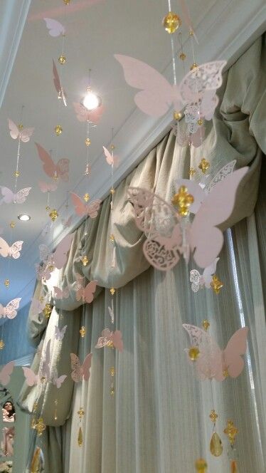 Hanging butterfly strings with crystals  for party decorations Butterfly Themed 21st Birthday Party, Elegant Butterfly Party, Butterfly Themed Decorations, Pink White And Gold Butterfly Party, Butterfly Party Decorations Ideas, Butterfly Graduation Party Ideas, Pink Butterfly Quinceanera Theme, Butterfly Decorations For Quinceanera, Butterfly Decorations For Party Birthday