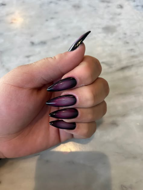 Black To Purple Nails, Deep Purple Nail Art, Sharp Purple Nails, Dark Purple Witchy Nails, Purple And Black Almond Nails, Plum Purple Nails Designs, Black And Purple Aura Nails, Dark Purple Aura Nails, Purple And Black Acrylic Nails