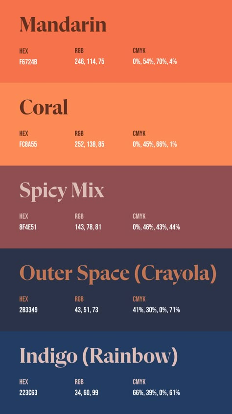 Colors: F6724B ° FC8A55 ° 8F4E51 ° 2B3349 ° 223C63 Color Palette Muted Colour Schemes, Comfy Cozy Color Palette, Colors That Match With Orange, Great Color Palettes, Hunter Green Palette Color Combinations, Hot And Cold Color Palette, 5 Color Color Palette, November Colors Palette, Dark Bohemian Color Palette