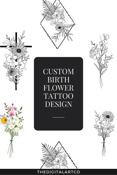 Choose the birth month flower from our list and get yourself a custom tattoo with your family flowers in it. Birth flower Flower names with months: January- Carnation/ Snowdrop  February- Violet/ Iris March- Daffodil/ Sakura Cherry Blossom  April- Daisy / Sweer Pea May - Lily of the valley/ Hawthrone June- Rose/ HoneySuckle July - water Lily/ Laskpur August - Poppy/ Gladiolus  September- Morning glory / Aster October - Cosmos/ Marigold November- Chrysanthemum/ Poeny December- Narcissus / Holly #BirthFlowerTattoo #PersonalizedInk #FloralSymbolism #CustomTattooDesign #BirthdayTattoo #InkYourStory #BotanicalTattoo #UniqueBodyArt #tattooartist #tattoosforwomen #tattoogirls #tattooideas #birthflower #birthmonth #birthdaytattoos March September October Flower Tattoo, Poppy And Chrysanthemum Flower Tattoo, Water Lily And Honeysuckle Tattoo, June And January Flower Tattoo, May June July Flower Tattoo, June And December Birth Flower Tattoo, Cosmos And Rose Tattoo, January And September Flower Tattoo Together, November And September Birth Flower Tattoo