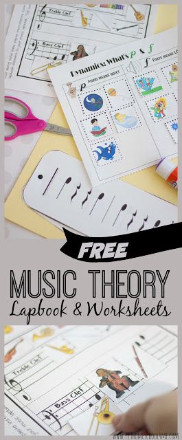 FREE Music Theory Worksheets & Resources - lots of different music worksheet, music lapbook, music history, and other fantastic resources to teach kids about notes, rhythm, dynamics, base clef, treble clef, the orchestra, musical instruments, and so much more! Free Music Theory Worksheets, Preschool Music Activities, Instrument Craft, Music Activities For Kids, Learn Music Theory, Music Theory Worksheets, Homeschool Music, Music Lessons For Kids, Music Curriculum