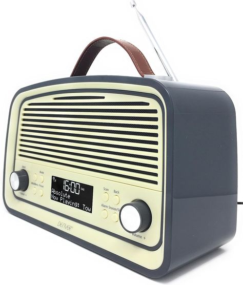 Denver DAB-38 Retro DAB/DAB+ Digital & FM Portable Radio Alarm Clock - Battery/Mains Powered with 2.4 Inch Display - Gloss Grey Retro Radios, Sun Canopy, Retro Tech, Retro Radio, Digital Radio, Radio Alarm Clock, Portable Radio, Washing Line, Duck Egg