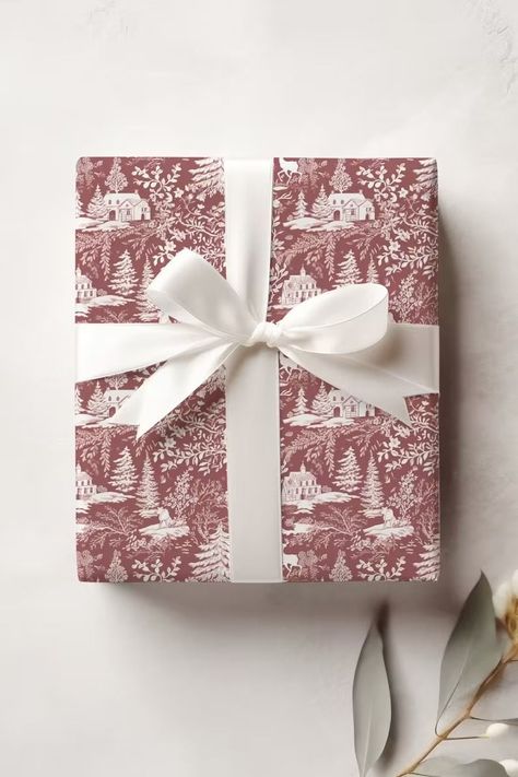 Christmas Wrapping Paper Red Deer Toile Gift Wrap Holiday Wrap Illustration Holiday Wrap Christmas Paper Holiday Gift Wrap Preppy Wrapping - Etsy White Wrapped Christmas Presents, Red And White Gift Wrapping, Christmas Toile Wrapping Paper, Extra Gift Wrapping Ideas, Christmas Gift Wrapping Ideas Red, Burgundy Christmas Wrapping Paper, Red Gift Wrap, Classy Wrapping Paper, Pretty Ways To Wrap Christmas Gifts