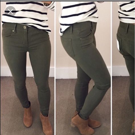 Nwt Skinny Olive Green Pants With Soft Material Fall Outfit Olive Pants, Olive Pants Women, Business Office Attire For Women, Green Jegging Outfit, Business Casual Pants For Women, Closet Staples For Women Wardrobe Basics, Olive Green Pants Outfit Women Casual, What To Wear With Olive Green Pants, Green Pants Outfit Women