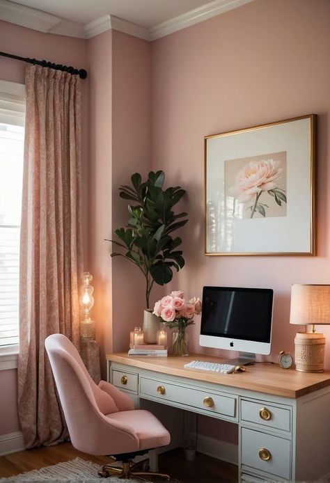 Home Office And Makeup Room, Pretty Bedrooms For Women, Stinky Pete, Feminine Home Office Ideas, Pink Home Office, Feminine Home Office, Girly Office, Feminine Home Offices, Feminine Home