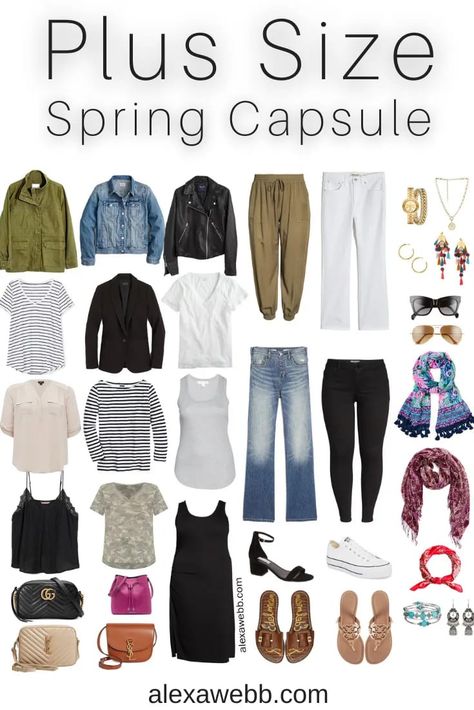 Plus Size Spring Casual Capsule Wardrobe - Part 1 with an essential list of plus size spring clothing - 16 pieces with countless outfits - Alexa Webb Classic Womens Style Plus Size, Plus Size Fashion Spring Ideas, Casual Plus Size Outfits Spring, Spring Outfit Ideas Plus Size, Plus Size Capsule Wardrobe 2023, Plus Size Wardrobe Capsule, Plus Size Casual Outfits Spring, Casual Spring Outfits Plus Size, 2023 Plus Size Outfits