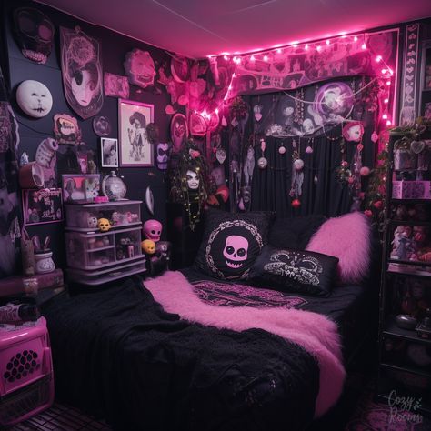 Kawaii Goth Bedroom 🖤 #kawaiigoth #goth #gothbedroom #gothrooms #kawaii #kawaiiinspo #gothinspo #gothroominspo #gothideas Black Goth Bedroom Ideas, Girly Goth Bedroom, Goth College Dorm, Kawaii Goth Bedroom, Creepy Cute Bedroom, Scene Bedroom Ideas, Horror Bedroom Aesthetic, Pink And Black Room Ideas, Pastel Goth Aesthetic Room