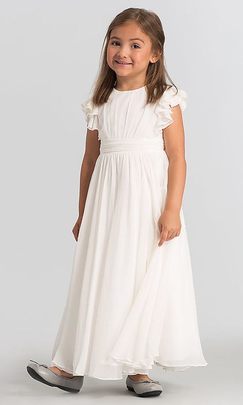 Ivory Flutter-Sleeve Flower Girl Dress by Dessy Girl Simple Flower Girl Dresses, Plain White Dress, Kids White Dress, Confirmation Dresses, Long Flower Girl Dresses, Tea Length Skirt, Elegant Clothing, Girls White Dress, Kleinfeld Bridal