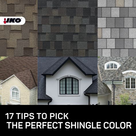 Did you know that your roof can account for up to 40% of your home's visual exterior? Choosing a shingle is just as important of a choice as any other exterior design aspect.  Read our article on the Content Hub for our tips on choosing a shingle color that will complement your home. Roof Shingle Samples, Estate Gray Shingles On White House, New Roof Colors, Shingle Roof With Metal Porch, Roof Shingle Colors For White House, Dark Shingle House, Gaf Shingle Colors, Roof Color For Black House, Dark Brown Shingles Roof