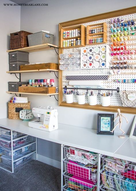 Pegboard Craft Room, Craft Room Makeover, Sewing Room Inspiration, Pegboard Organization, Sewing Room Design, Dream Craft Room, Craft Room Design, Sewing Room Organization, Sewing Room Ideas