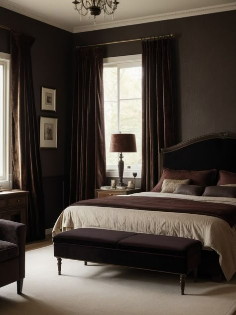 Vintage Dark Bedroom, Moody Master, Velvet Curtains Bedroom, Dark Bedroom Ideas, Dark Brown Bedrooms, Moody Bedroom Ideas, Academia Bedroom, Cabin Rustic, Brown Rooms