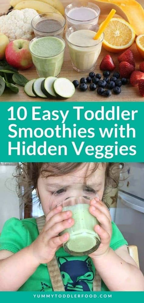 Help your kids learn to love smoothies and serve them hidden veggies at the same time with these 10 easy toddler smoothie recipes. #kidssmoothies #smoothiesforkids #smoothierecipe #toddlersmoothie #babysmoothie Toddler Puree Recipes, Healthy Smoothies For Toddlers, Toddler Smoothies Picky Eaters, Toddler Smoothie Recipes, Constipation Smoothie, Baby Smoothies, Toddler Smoothies, Veggie Smoothies, Toddler Food Ideas