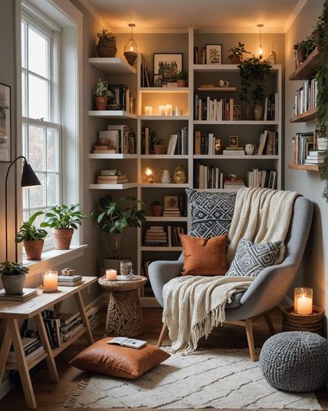 Boho Homeschool Room Ideas, Apartment Reading Nook Cozy Corner, Nook Bedroom Ideas, Cozy Reading Nook Ideas For Bedrooms, Den Decorating Ideas Cozy, Small Reading Room Ideas, Small Cozy Bedroom Ideas, Cozy Reading Nook Ideas, Small Reading Room