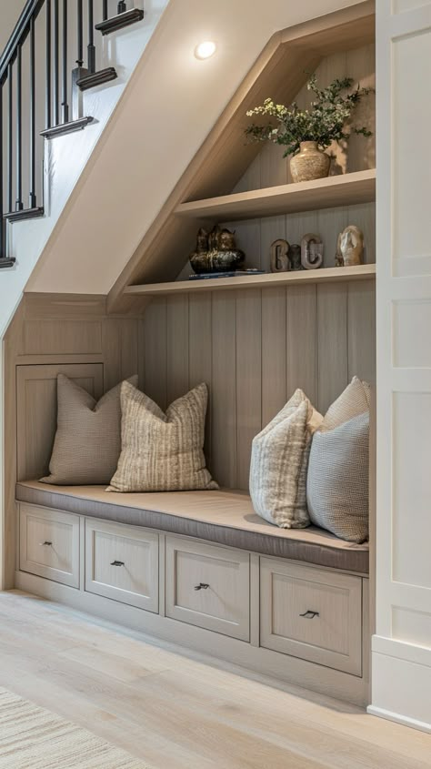 Under Staircase Nook Ideas, Low Under Stairs Ideas, Hallways With Stairs, How To Build Storage Under Stairs, Study Under Staircase Ideas, Under Stair Boot Room, Down The Stairs Ideas, Stairwell Built Ins, Dormer Bench Seat