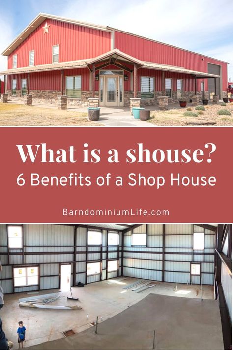 When looking at barndominium designs and barndominium ideas, you may come across the word “shouse.” Many of the first barndominiums were shouses. They were workshops and barns with residences added to the structure. People now call these designs shouses or shomes. Keep reading to explore the main features and the 6 main benefits of a shouse. Plus get some great shop house ideas for your home! Building A Shop House, Live In Shop While Building House, Shop Homes Houses Metal Buildings, Shop To House Conversion, House Over Shop Plans, Steel Barndominium Ideas, Temporary Shop House Interior, Barndominium And Shop, Shop Attached To House