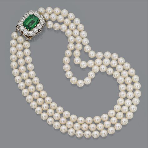 Cultured pearl necklace with emerald and diamond clasp The three strands composed of 41, 44 and 47 cultured pearls respectively, each pearl averaging approximately 7.6 mm. in diameter, the clasp centering an emerald-cut emerald weighing 10.57 carats, framed by 12 old European-cut diamonds weighing approximately 7.20 carats mounted in platinum, lengths 15 to 17 inches. Diamond Cross Necklace Gold, Gold Cross Necklace, Cultured Pearl Necklace, Diamond Cross Pendants, Gold Diamond Necklace, Cluster Necklace, Sea Glass Jewelry, Lariat Necklace, Tahiti