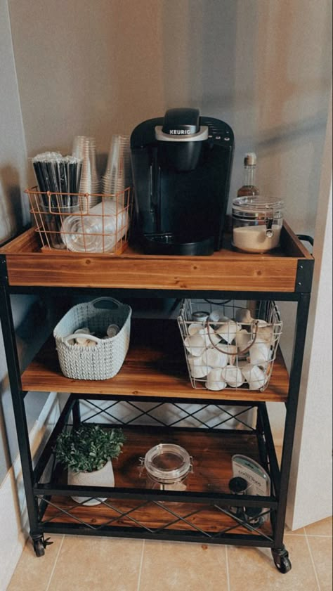 i’m Bar Cart Coffee Station Ideas, Coffee Cart Decor Ideas, Coffee Cart In Kitchen, Coffee Cart At Home, Espresso Bar Cart, Coffee And Tea Cart, Apartment Decorating Coffee Bar, Bedroom Coffee Cart, Coffee Bar Cart Aesthetic