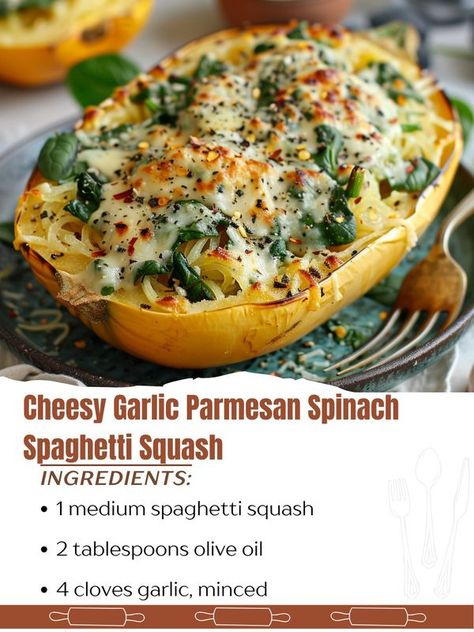 Spinach Spaghetti Squash, Garlic Parmesan Spaghetti, Garlic Parmesan Spaghetti Squash, Squash Recipes Easy, Spinach Spaghetti, Healthy Squash Recipes, Parmesan Spaghetti Squash, Parmesan Spinach, Spaghetti Squash Recipes Easy