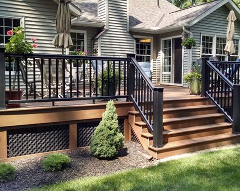 35 Unique Deck Railing Ideas | Sebring Design Build Non Wood Deck Ideas, Gray House Brown Deck, Unique Deck Railing Ideas, Patio Plan, Wood Deck Railing, Backyard Decks, Deck Skirting, Deck Railing Ideas, Deck Remodel