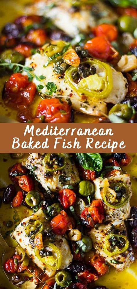 Mediterranean Baked Fish Recipe - Cheff Recipes Meditterean Fish Recipes, Greek Style Fish Recipe, Mediterranean Diet Mexican Recipes, Fish Entree Recipes, Wild Fish Recipes, Low Cholesterol Seafood Recipes, Fish And Beans, Mediterranean Diet Steak Recipes, Mediterranean Grilled Fish