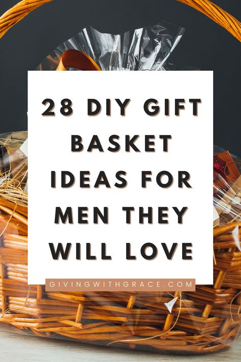 28 DIY Gift Basket Ideas for Men they will love Fundraising Gift Baskets, Client Appreciation Gift Basket, Gift Basket Ideas For Husband Birthday, Gift Card Baskets Ideas, Baskets For Men Ideas, Guy Gift Baskets Ideas For Men, Whiskey Gift Basket Ideas Diy, Congratulations Basket Gift Ideas, Duffel Bag Gift Basket