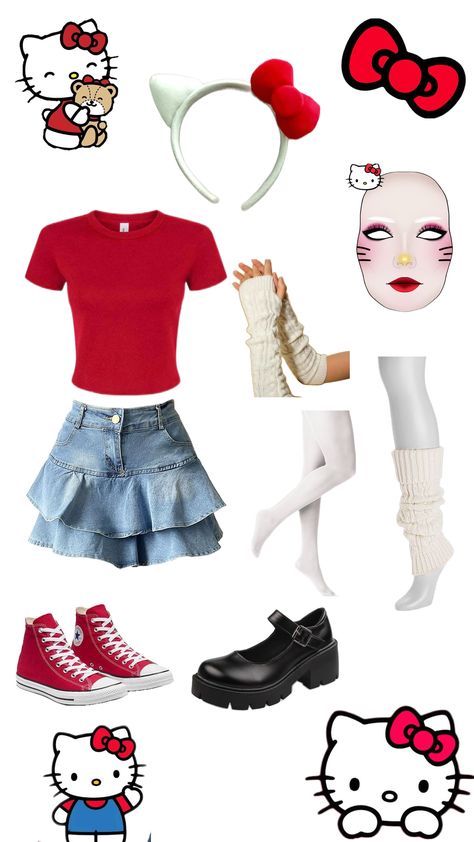 Hello kitty outfit Inspo for Halloween Hello Kitty Draw, Kitty Halloween Costume, Hello Kitty Cosplay, Hello Kitty Halloween Costume, Character Day Ideas, Hello Kitty Costume, Mia Outfits, Kitty Costume, Purim Costumes