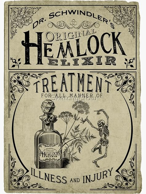 "Dr. Schwindler's Original Hemlock Elixir Vintage Label" Sticker by SketchyCrow | Redbubble Elixir Bottle, Halloween Potion Labels, Herb Labels, Rock Identification, Halloween Potion, Vintage Medicine, Potion Labels, Halloween Potions, Antique Glass Bottles