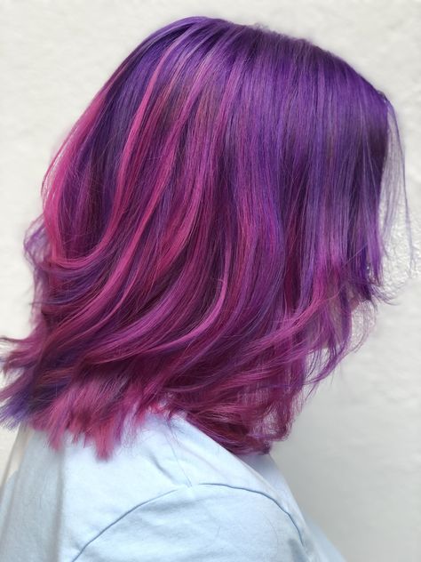 Two Tone Pink And Purple Hair, Turquoise Hair Color Highlights, Pink And Purple Ombré Hair, Purple Hair Pink Tips, Pink Purple Hair Short, Purple And Pink Hair Short, Purple With Pink Highlights, Dark Pink And Purple Hair, Pink And Purple Hair Color Ideas