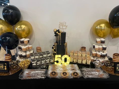 Black & Gold Black And Gold Candy Bar Ideas, Black And Gold Treat Table Ideas, Black And Gold Desert Bar, Black And Gold Party Food, Gold Treat Table, 50th Birthday Dessert Table, Black And Gold Dessert Table Ideas, Black And Gold Treat Table, Gold Party Food