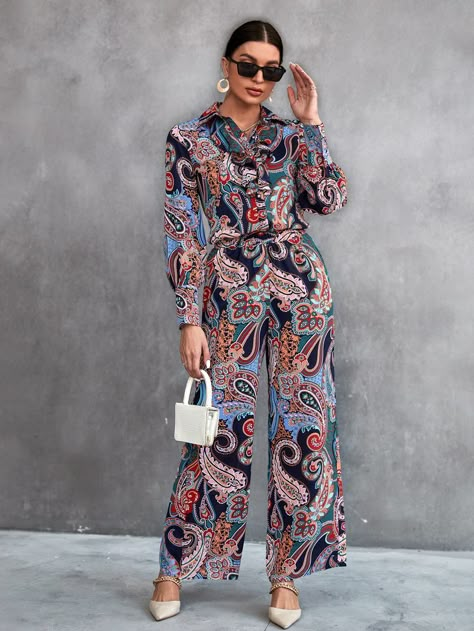 Multicolor Boho Collar Long Sleeve  Paisley  Embellished Non-Stretch  Women Clothing Elegant Pants Suits, Co Ords Outfits, Gown With Dupatta, Wide Leg Pants Outfits, Coord Sets, Elegant Pant, Paisley Print Blouse, High Waist Wide Leg Pants, Cord Set