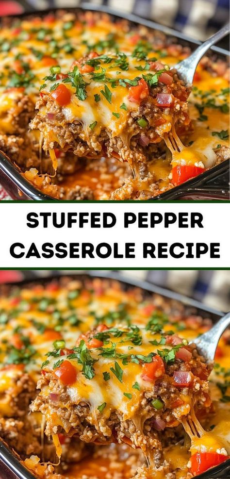 Need dinner ideas easy? This Stuffed Pepper Casserole Recipe is a must-try! A perfect choice for dinner recipes for family or dinner for two, combining stuffed peppers beef in a simple, delicious casserole. Rice And Tomatoes, Easy Stuffed Pepper Recipe, Stuffed Peppers Beef, Pepper Casserole, Easy Stuffed Peppers, Ground Beef Rice, Stuffed Pepper Casserole, Healthy Casserole Recipes, Beef Rice