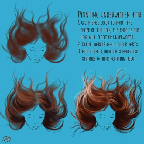 Art with Flo on Instagram: “🌊How to paint underwater hair🌊 Painted in Photoshop CS5 using a Wacom Intuos3 pen tablet. Have a wonderful weekend everyone! ❤ . . . .…” Underwater Drawing Reference, Hair Underwater Drawing, Floating Hair Drawing Reference, Draw Underwater, Face Underwater, Paint Underwater, Hair Underwater, Drawing Underwater, Underwater Hair