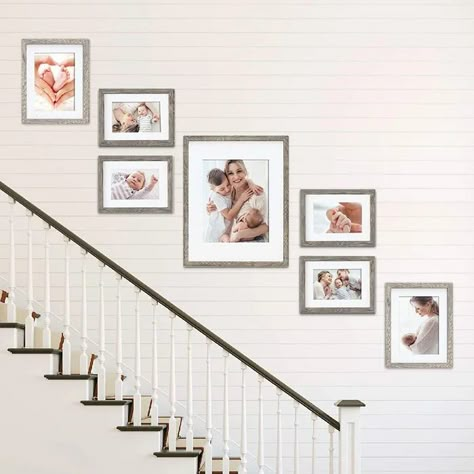 Picture Frames Going Up Stairs, Gallery Stairs Wall, Top Of Stairs Photo Wall, Engagement Picture Wall Decor, Photo Wall Collage Up The Stairs, School Picture Gallery Wall, Stairwell Picture Display, Stairway Decorating Pictures Family Wall Upstairs Hallway, Small Staircase Gallery Wall